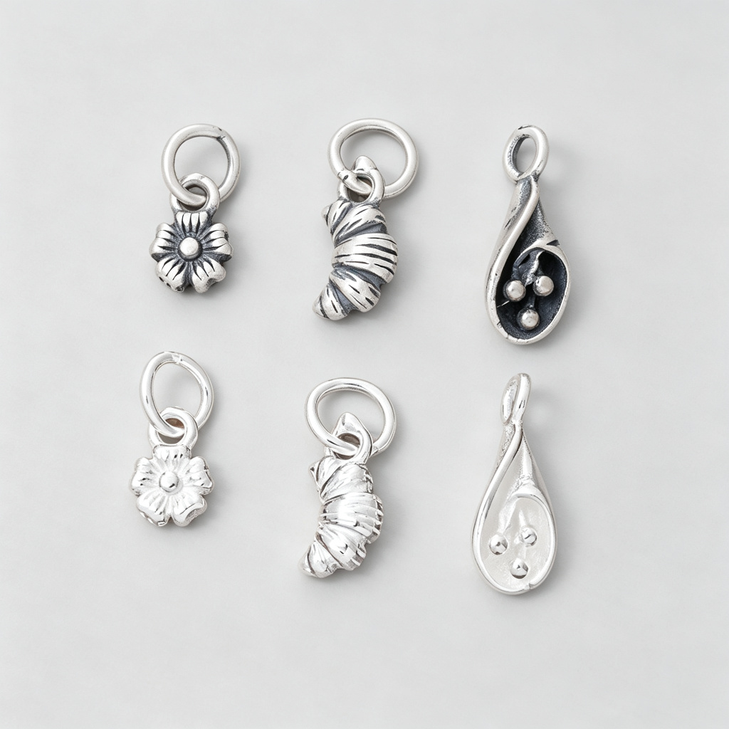 Jewelry Making In La - 925シルバー製、小ぶりのチャーム。レトロ調の酸化加工を施した、デイジー、クロワッサン、涙型、ベリーのペンダント。DIYブレスレットやネックレス、アクセサリー作りに。